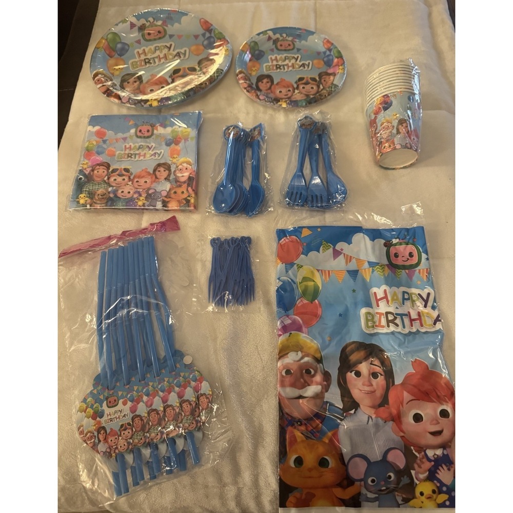 Cocomelon Birthday Party Supplies Set Blue Tablecloth Plates Cups Plasticware